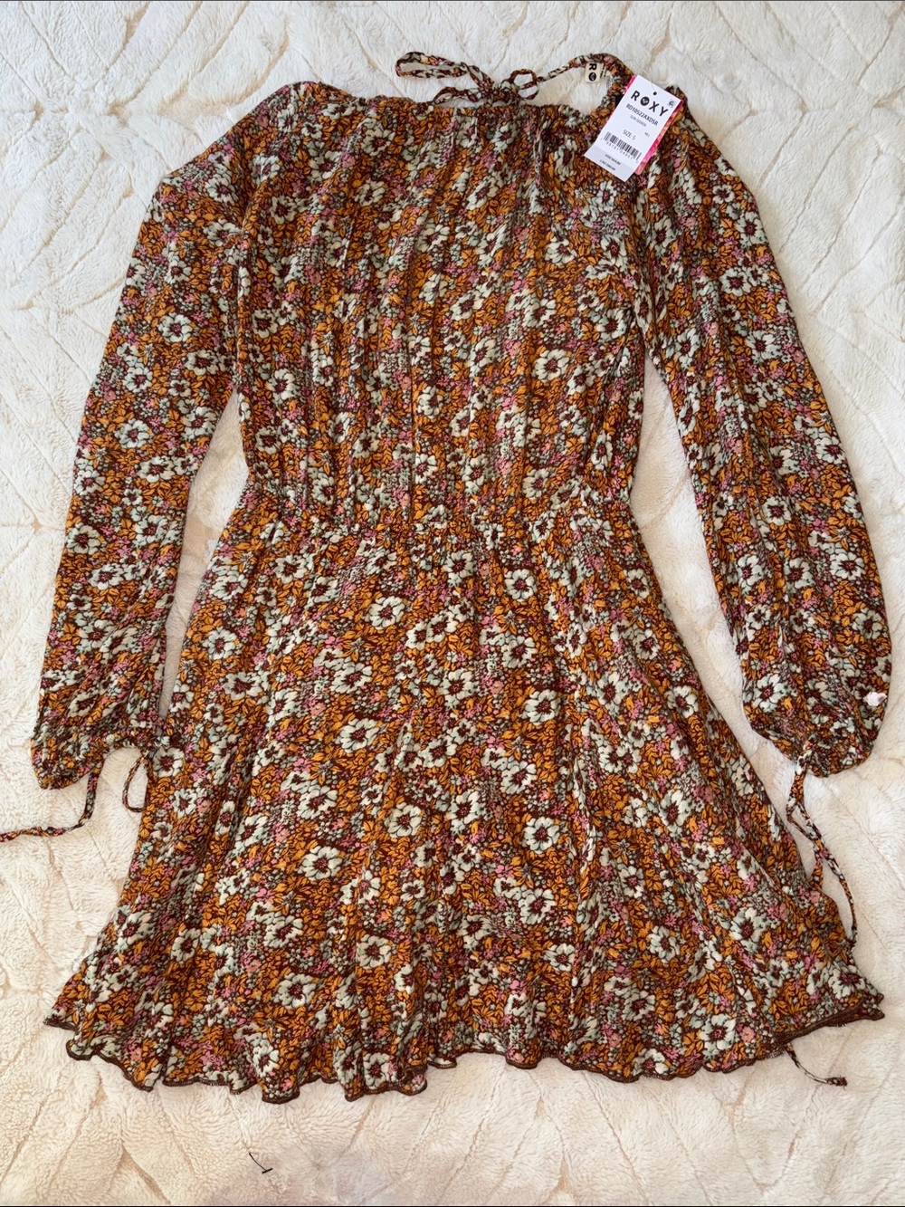 Roxy Rust Multi Floral Smocked Waist Long-Sleeve Mini Dress